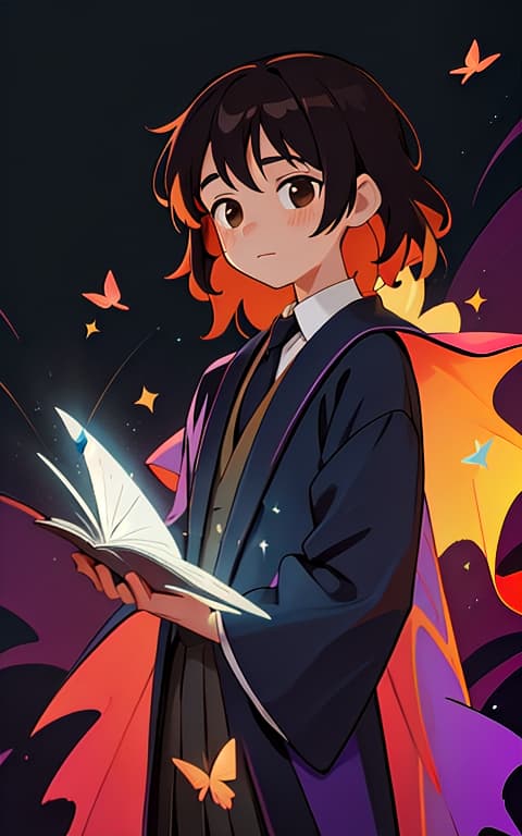  colorful butterfly, portrait, a boy, The portrait is happy man, medium hair, brown eyes, standing, robe, Magic robe, body, Tie, (young man), bangs, long hair, (man teacher), pleated skirt, expressionless, flower, Wearing black silk stockings, Tonalism, cinematic lighting, sparkle, illustration, high details, super detail, award winning, best quality, high quality, 8k