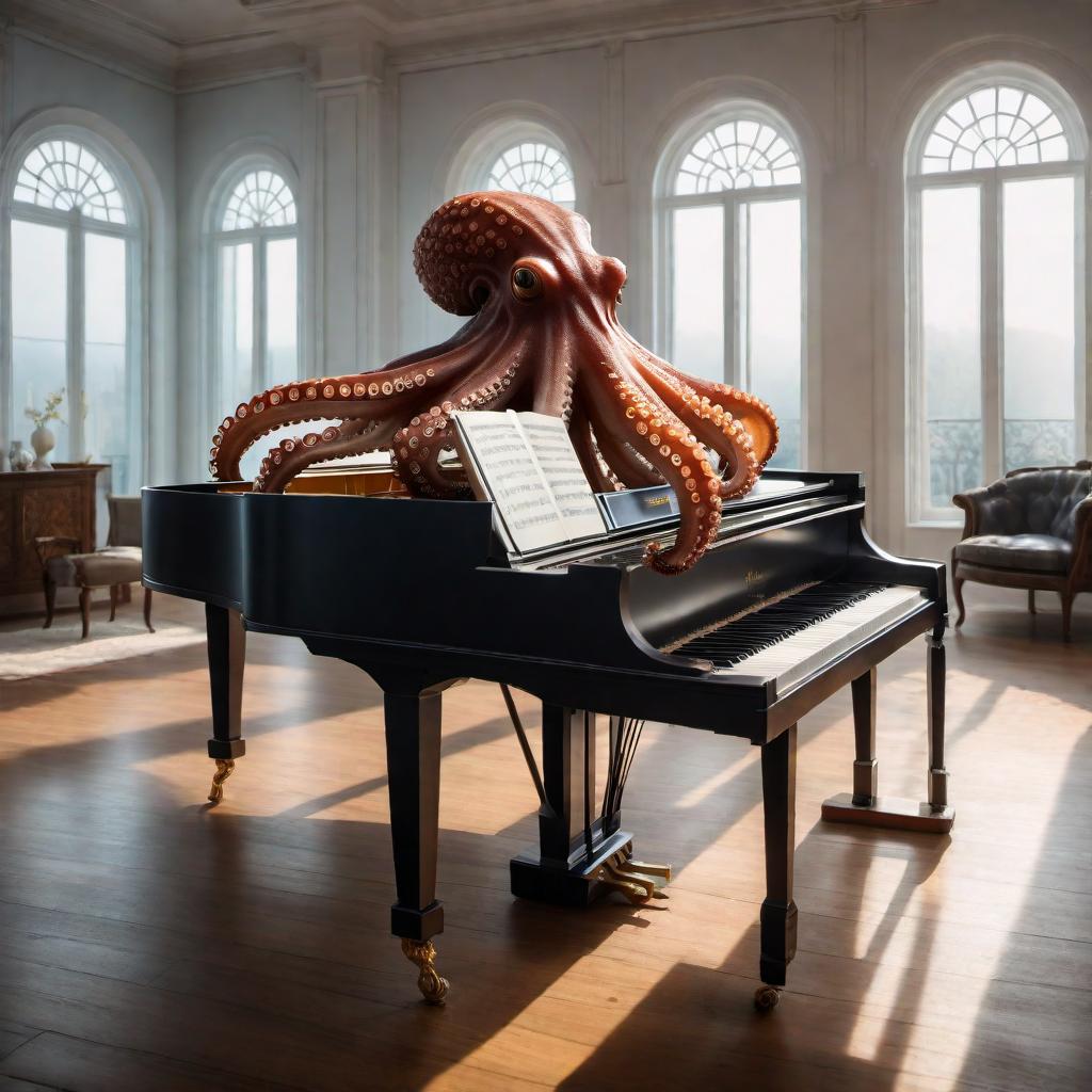  An octopus playing a piano, with its tentacles gracefully moving over the keys. The scene is set in an elegant room with soft lighting, and there is a sense of harmony and creativity in the air. hyperrealistic, full body, detailed clothing, highly detailed, cinematic lighting, stunningly beautiful, intricate, sharp focus, f/1. 8, 85mm, (centered image composition), (professionally color graded), ((bright soft diffused light)), volumetric fog, trending on instagram, trending on tumblr, HDR 4K, 8K