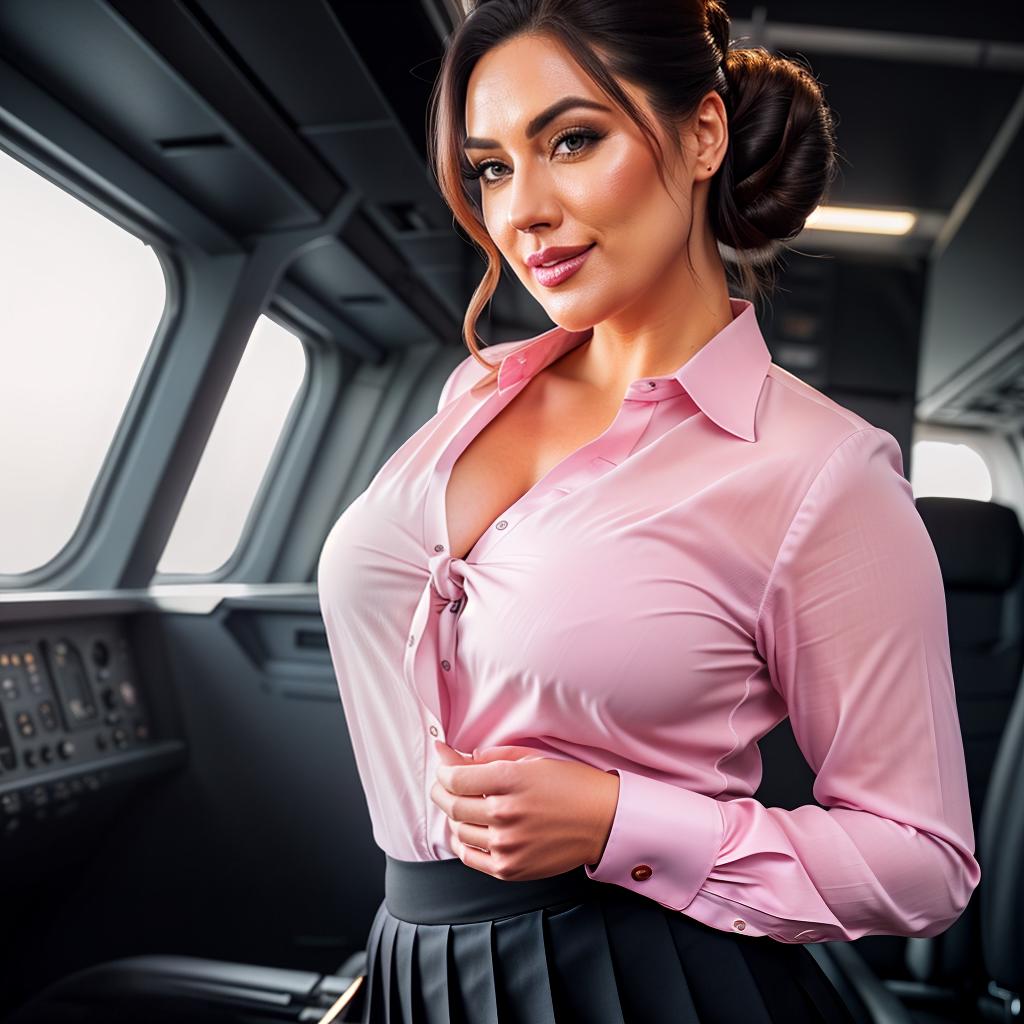  The image shows a Huge Chubby Sexy women in Cabin crew uniforms. she wearing Pink Shirt. black tie, and Black Netted skirt. The shirts are buttoned up that says "Aviator". The skirts are short and pleated. The women smiling and have her hair in buns. She is standing in a Plane cabin, with airplane indoor background, huge fat thighs, Jawline, perfect fingers' realistic hyperrealistic, full body, detailed clothing, highly detailed, cinematic lighting, stunningly beautiful, intricate, sharp focus, f/1. 8, 85mm, (centered image composition), (professionally color graded), ((bright soft diffused light)), volumetric fog, trending on instagram, trending on tumblr, HDR 4K, 8K