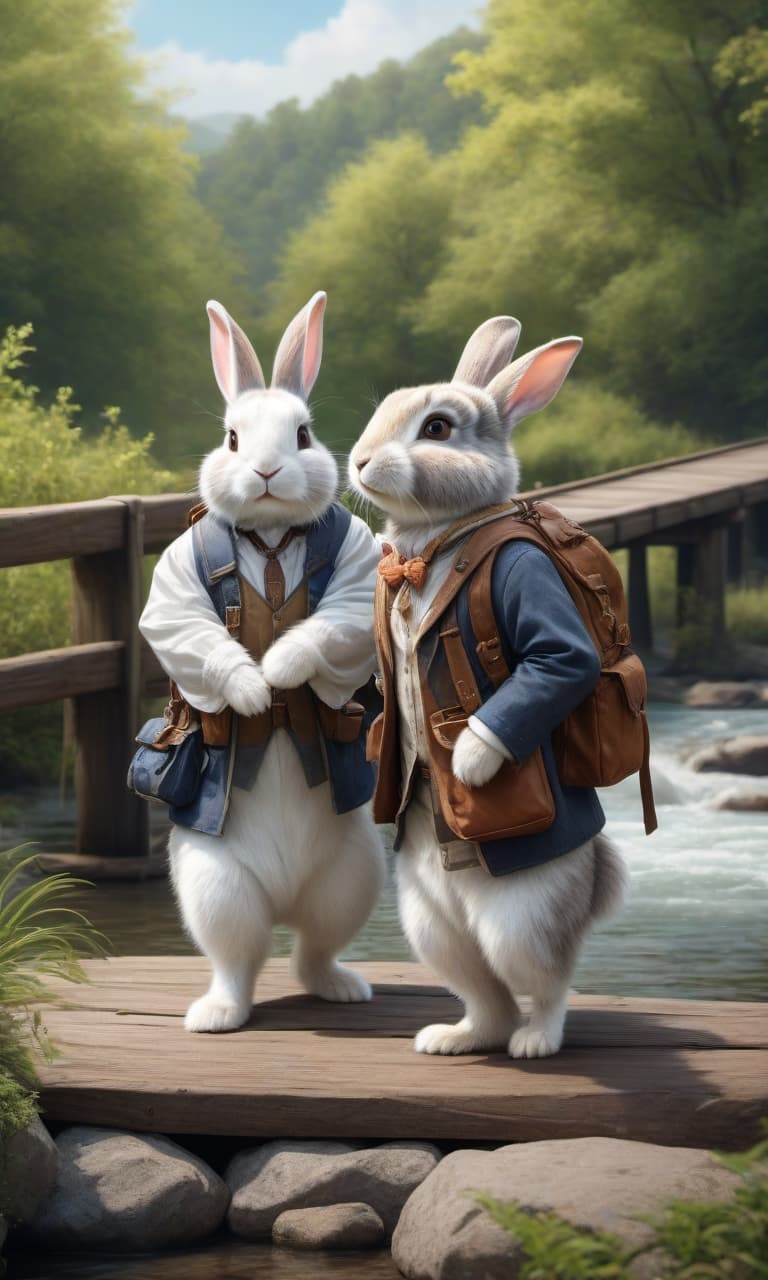  concept art An ilration of two very cute rabbits walking to over a bridge across a river, with high detail and detailed work, one rabbit holds a portfolio bag in its paw, the other rabbit has a bag on its shoulders and a textbook tightly pressed against its . Bright, sunny, cheerful. . digital artwork, ilrative, painterly, matte painting, highly detailed hyperrealistic, full body, detailed clothing, highly detailed, cinematic lighting, stunningly beautiful, intricate, sharp focus, f/1. 8, 85mm, (centered image composition), (professionally color graded), ((bright soft diffused light)), volumetric fog, trending on instagram, trending on tumblr, HDR 4K, 8K