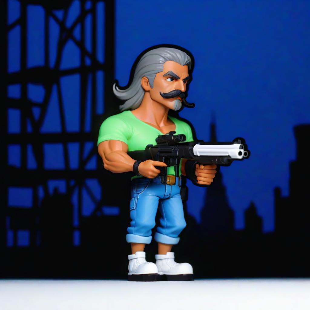  man, green T shirt, jeans, boots, gray hair, mustache, gun in hands hyperrealistic, full body, detailed clothing, highly detailed, cinematic lighting, stunningly beautiful, intricate, sharp focus, f/1. 8, 85mm, (centered image composition), (professionally color graded), ((bright soft diffused light)), volumetric fog, trending on instagram, trending on tumblr, HDR 4K, 8K