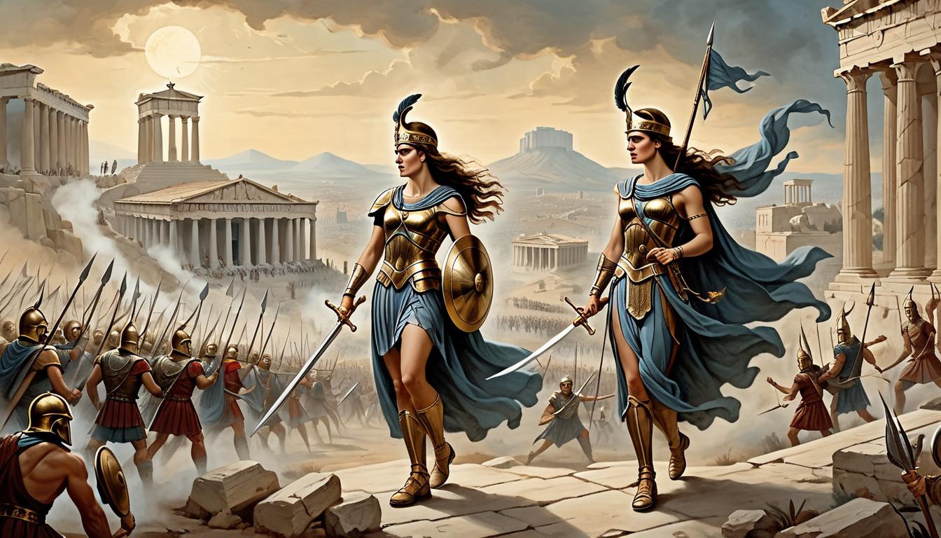  on parchment, surrealism+++, Athena in a grand battle, leading warriors, her presence commanding and decisive, ethereal light surrounding her, cityscape of ancient Athens in background(mysterious, provocative, symbolic,muted color)+++