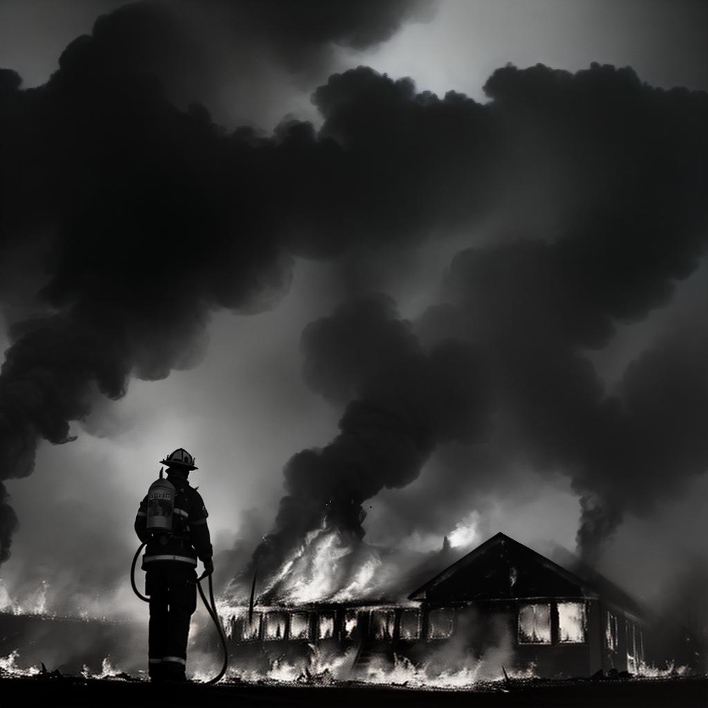  masterpiece, best quality, A black and white realism picture of a firefighter on top of a burning house fighting a fire shaped like a demon. On the back of the firefighters clothes has the numbers 147.The image is off in the distance, emphasizing the size of the devil in the background.