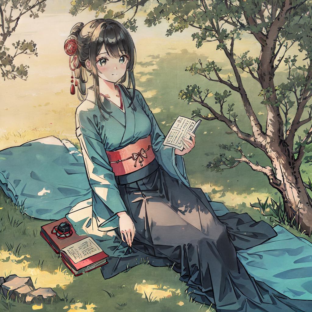  in a Japanese art style, A beautiful girl is reading the book under a tree, highly detailed, 4K, 8K.