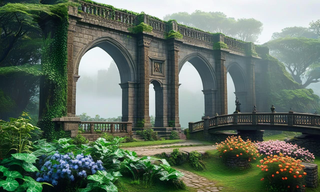  concept art fontein and sculpture of a ancient temple with a bridge, gothic architecture, mose, ivy, flowers, fog, Dave Rapoza, wide shot, cenital, hyper realistic, 4k resolution, artwork, digital art, cinematic, intrincate, wide shot, bokeh, light shaft cinematic atmosphere, ultra high res, (photorealistic, realistic:1.2), deep shadow, raw photo, film grain, Fujifilm XT3, 8k uhd, dslrThe technique of painting is simple, cinematic. ethereal lights, mysterious and alluring atmosphere, trending on art galleries specializing in fantasy art. extremely detailed, fantasy art style, dark colours, symmetrical, random perspective, (High detail: 1.2), hdr, computer graphics, (complex detail: 1.1), best quality, (artstation: 1.3), (epic fantasy: 1.1 ) hyperrealistic, full body, detailed clothing, highly detailed, cinematic lighting, stunningly beautiful, intricate, sharp focus, f/1. 8, 85mm, (centered image composition), (professionally color graded), ((bright soft diffused light)), volumetric fog, trending on instagram, trending on tumblr, HDR 4K, 8K