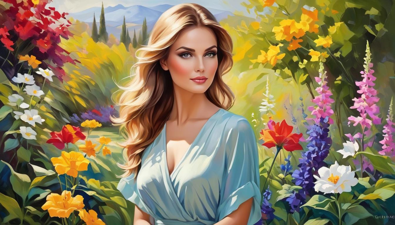  oil paintingAn attractive woman, standing in a serene garden, her presence unnoticed among the vibrant flowers, a hidden gem blending with the natural beauty(energetic brushwork, bold vibrant colors, expressive, emotional,bold brush, oil stroke, raw, emotional, dynamic, distortion for emotional effect, detailed,beautiful, loose brushwork, light and shadow play, captures feeling over form, balanced color