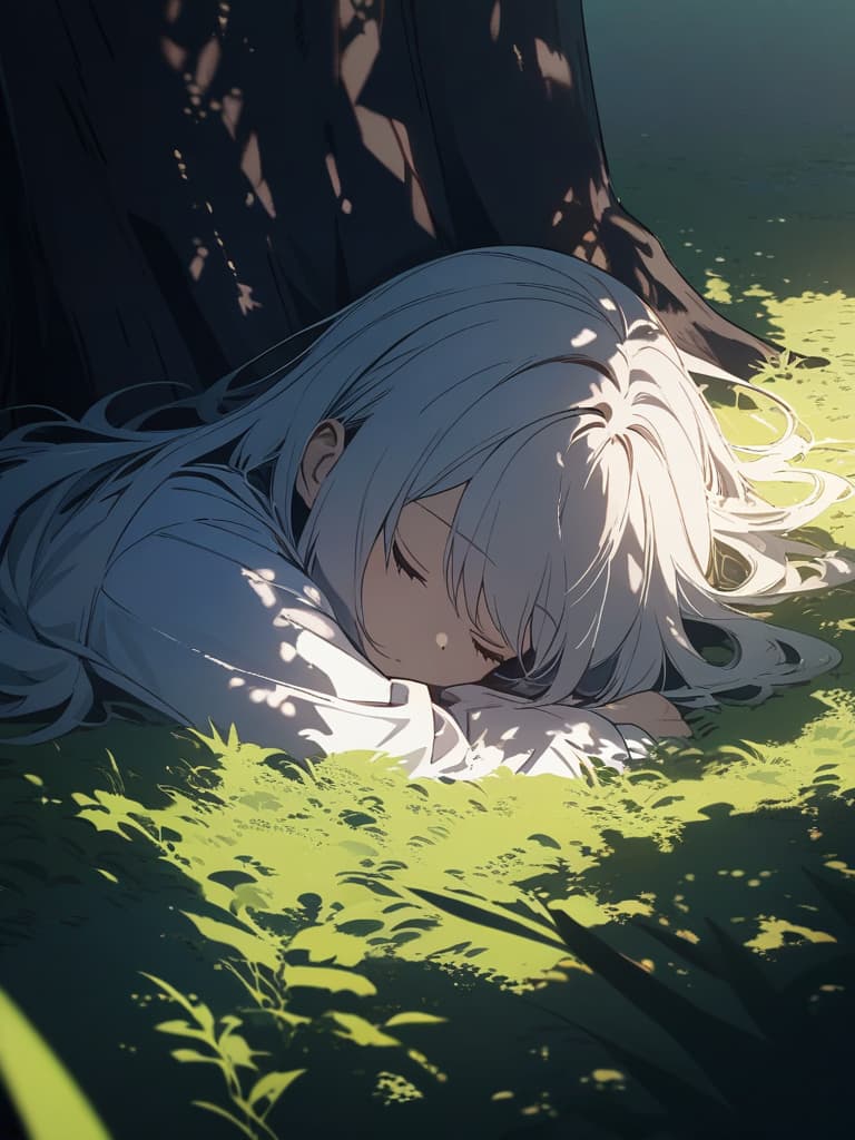  Shade of a tree,sleeping in the shade of a tree,sleeping,beautiful girl,beautiful,cute,((sleeping,shade of a tree,shadow of a tree,shadow of a big tree,green,hill,on the gr,sleeping face,shadow,contrast)),white hair,long hair,curly hair、ultra detailed,best shadow,cute and beautiful face,(masterpiece:1.2),(best quality:1.2),detailed background,high contrast,(best illumination,an extremely delicate and beautiful),((cinematic light)),hyper detail,dramatic light,intricate details,8k,anime,very aesthetic, masterpiece, best quality,8k,ultra detailed,high resolution,an extremely delicate and beautiful,hyper detail