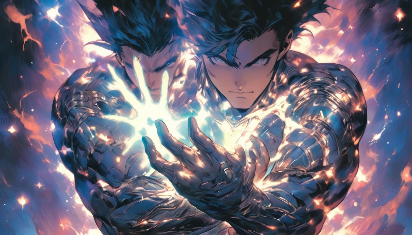  hyperrealism,fantasy aesthetic1man, handsome brunet male humanoid, clasping hands at heart, ethereal cosmic light surrounding, stars in background, high tech clothing clad in sleek, futuristic costume with metallic accents and form fitting designs, marvel superhero comics style, unreal engine rendering