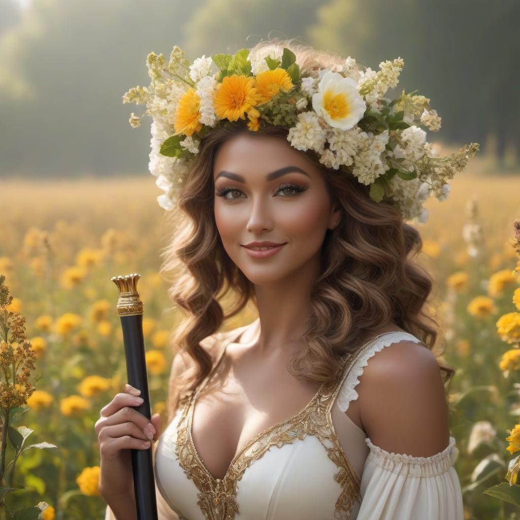  A full grown satyr . She has a round, friendly face, smiling while standing in the field under the sun rays. Her hair is the color of warm . Her curved horns are ivory colored, wrapped in flowers. She has a brow and plump lips. She is dressed as a bard and holds a flute, decorated with flowers in her hands. hyperrealistic, full body, detailed clothing, highly detailed, cinematic lighting, stunningly beautiful, intricate, sharp focus, f/1. 8, 85mm, (centered image composition), (professionally color graded), ((bright soft diffused light)), volumetric fog, trending on instagram, trending on tumblr, HDR 4K, 8K