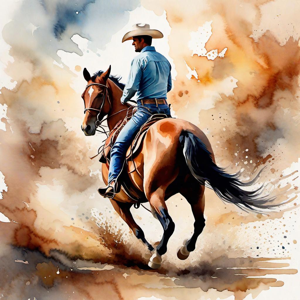  Create a watercolor painting of a man ridding a bucking horse at a rodeo. The background features soft, watercolor style splashes in earthy tones, giving the image an artistic and dreamy feel. Ensure the overall image has a delicate watercolor effect.