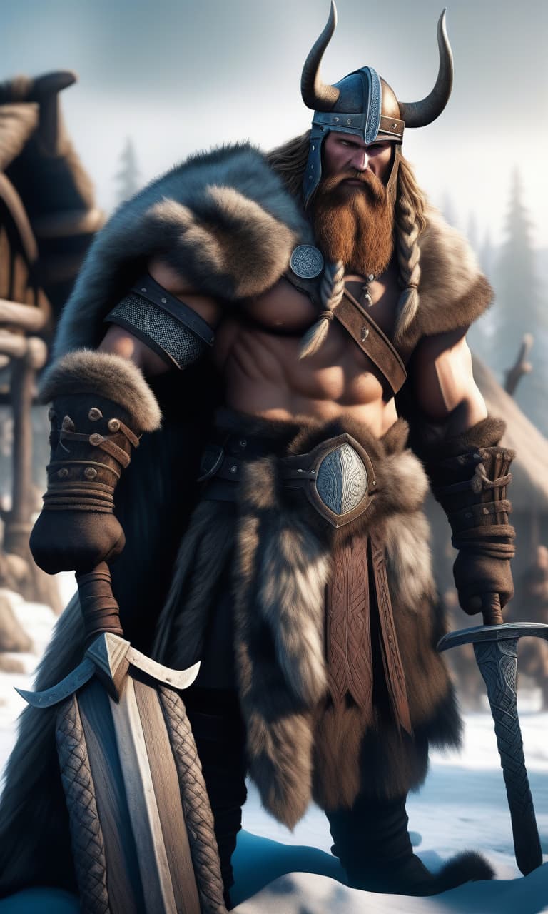  concept art Viking berserker, age 20, looks into the frame, intricate details, fur, Viking clothing, background of a medieval Viking village, winter, hyperrealism, complexity, watercolor airbrush. in Skyrim style. in the frame from the waist up. . digital artwork, illustrative, painterly, matte painting, highly detailed hyperrealistic, full body, detailed clothing, highly detailed, cinematic lighting, stunningly beautiful, intricate, sharp focus, f/1. 8, 85mm, (centered image composition), (professionally color graded), ((bright soft diffused light)), volumetric fog, trending on instagram, trending on tumblr, HDR 4K, 8K