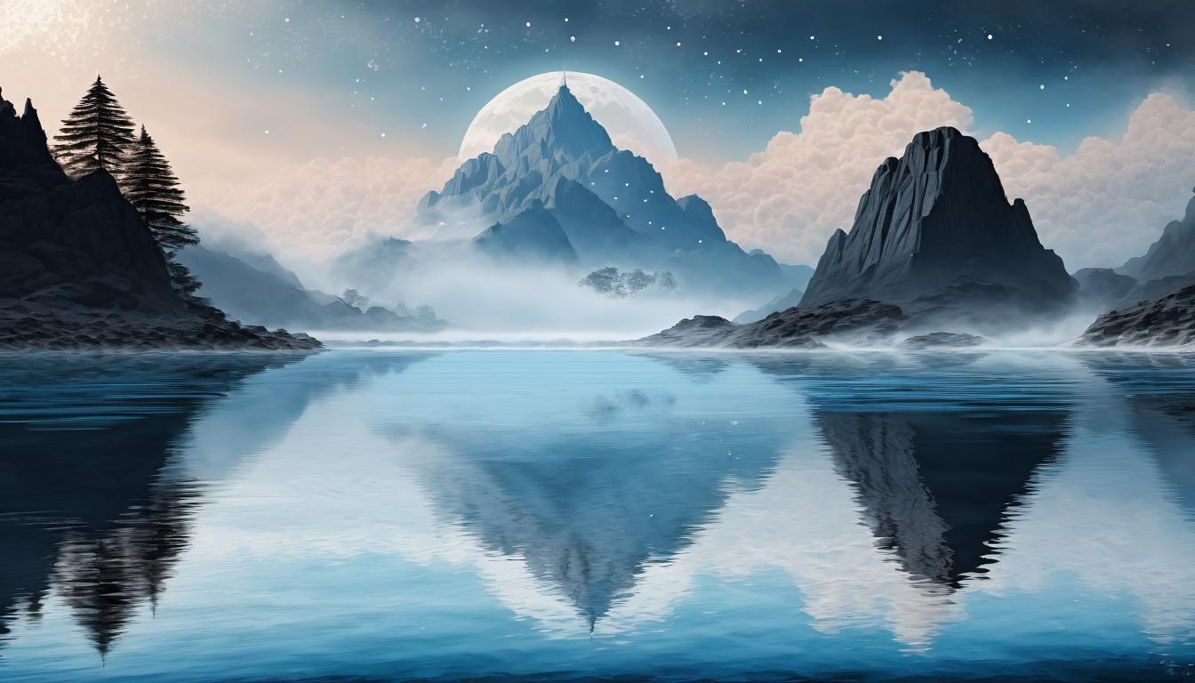  digital painting of A reflective pool of water with faint image of Nimrod and the heavens, delicate ripples spreading, balance between earth and sky, serene reflection, spiritual symbolism looking at viewer, dynamic pose, (intricate details, masterpiece, best quality)