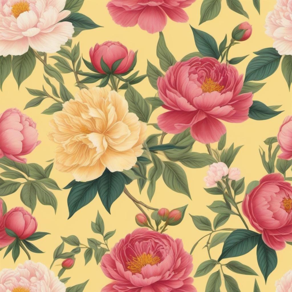  Frauds and peonies are drawn along the contour of the image as a frame.The background is light yellow