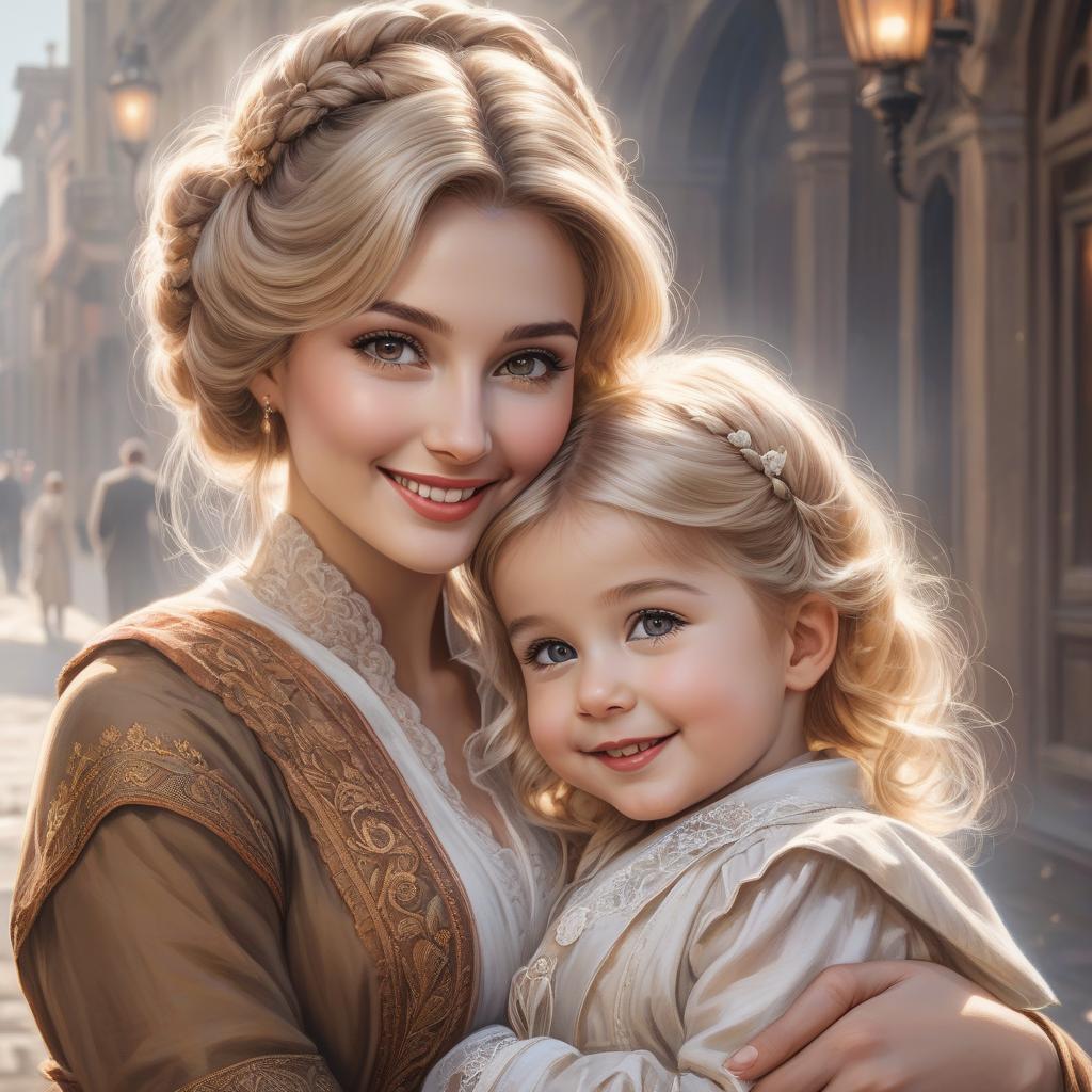  A portrait of a smiling young woman and a child, both with fair hair and dressed in vintage attire, exuding warmth and affection A pencil and charcoal drawing portrait of a beautiful girl, with big brown sparkling eyes, slight beautiful smile,fanciful vintage clothes, blond messy hairstyle, holding his little baby sister in her arms with intricate details and precisely drawn drawing hyperrealistic, full body, detailed clothing, highly detailed, cinematic lighting, stunningly beautiful, intricate, sharp focus, f/1. 8, 85mm, (centered image composition), (professionally color graded), ((bright soft diffused light)), volumetric fog, trending on instagram, trending on tumblr, HDR 4K, 8K