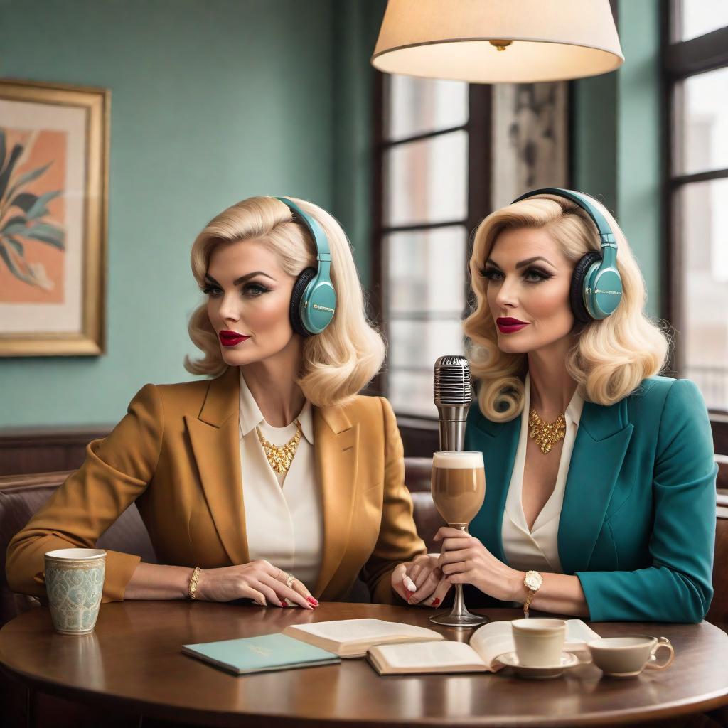  Create a podcast cover with a true vintage 60s cartoon style. Feature two distinct women in their late 30s—one with blonde hair and the other with brown hair. They should be elegantly dressed, with one holding an espresso martini. The setting should be an elegant room set up for podcasting with microphones and headphones. Use warm and inviting colors such as gold, white, and soft pastels. Prominently display the title 'Plotting Greatness' in a cursive font. Ensure the design is eye-catching and appealing for people to select when scrolling on Spotify and Apple podcasts. Incorporate a Palm Beach 60s vintage look. hyperrealistic, full body, detailed clothing, highly detailed, cinematic lighting, stunningly beautiful, intricate, sharp focus, f/1. 8, 85mm, (centered image composition), (professionally color graded), ((bright soft diffused light)), volumetric fog, trending on instagram, trending on tumblr, HDR 4K, 8K