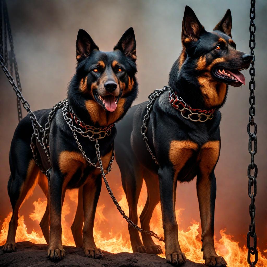  Tattoo of three Beast Dogs on chains with a background of hell. The dogs are fierce, snarling with sharp teeth, and eyes glowing red. The background features flames, bones scattered around, and deep shadows. A dark, shadowy figure holds the chains, adding an eerie, ominous feeling to the scene. hyperrealistic, full body, detailed clothing, highly detailed, cinematic lighting, stunningly beautiful, intricate, sharp focus, f/1. 8, 85mm, (centered image composition), (professionally color graded), ((bright soft diffused light)), volumetric fog, trending on instagram, trending on tumblr, HDR 4K, 8K