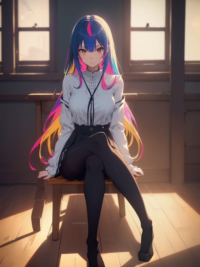  score 9, score 8 up, score 7 up, score 6 up, source anime, masterpiece, newest, Highly detailed, 1girl, skinny, slender, innocent, sitting, arms at sides, long hair, pantyhose, no shoes, colorful hair, multicolored hair, hyperrealistic, full body, detailed clothing, highly detailed, cinematic lighting, stunningly beautiful, intricate, sharp focus, f/1. 8, 85mm, (centered image composition), (professionally color graded), ((bright soft diffused light)), volumetric fog, trending on instagram, trending on tumblr, HDR 4K, 8K