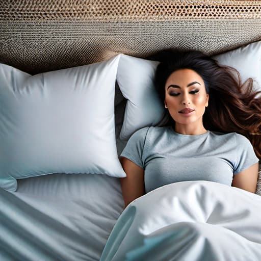  Woman in topic on pillow with mini in bed hyperrealistic, full body, detailed clothing, highly detailed, cinematic lighting, stunningly beautiful, intricate, sharp focus, f/1. 8, 85mm, (centered image composition), (professionally color graded), ((bright soft diffused light)), volumetric fog, trending on instagram, trending on tumblr, HDR 4K, 8K