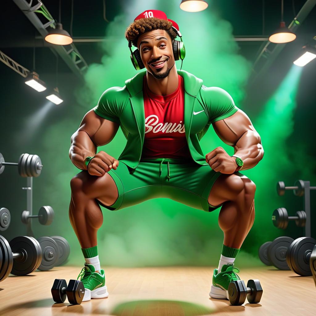  The gym is decorated in the style of a platform for rap battle. handsome sporty funny smiling man, curly, lifts dumbbells, in the gym, in a red basketball player's jersey with the number 10, wide green knee length shorts, beautiful photo, beautiful light, movement around, rap battle atmosphere, green smoke, a lot of large chains, with a cap on his head, headphones in the ears hyperrealistic, full body, detailed clothing, highly detailed, cinematic lighting, stunningly beautiful, intricate, sharp focus, f/1. 8, 85mm, (centered image composition), (professionally color graded), ((bright soft diffused light)), volumetric fog, trending on instagram, trending on tumblr, HDR 4K, 8K