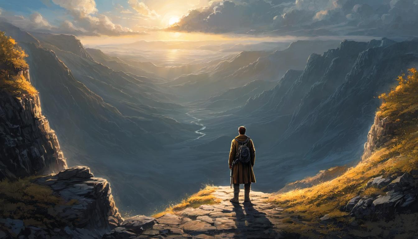  digital illustration, 1man, standing at the edge of a rugged terrain, contemplating the path ahead, light breaking over the horizon, anticipation, risk, opportunity, overcoming, open doors, looking at viewer, dynamic pose, (intricate details, masterpiece, best quality)