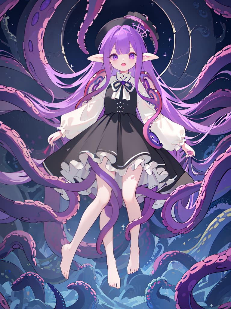  ((full body)),Open mouth,(best quality:1.4、masterpiece:1.4)、((limbs entangled in tentacles))、half eyes、purple hair、ジト目, masterpiece, best quality,8k,ultra detailed,high resolution,an extremely delicate and beautiful,hyper detail