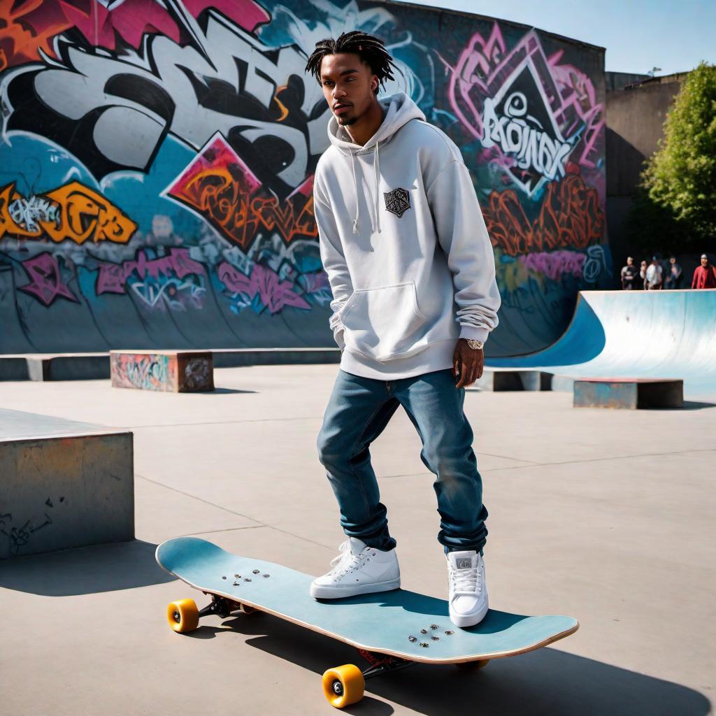  A man at a skatepark wearing very shiny diamond jewelry. The man is dressed in streetwear: baggy jeans, a trendy hoodie, and sneakers, with very noticeable diamond jewelry around his neck, wrists, and fingers reflecting light. He is mid-action, skating on a ramp, showcasing his skills. The background features other skaters, ramps, and graffiti-covered walls typical of a skatepark. hyperrealistic, full body, detailed clothing, highly detailed, cinematic lighting, stunningly beautiful, intricate, sharp focus, f/1. 8, 85mm, (centered image composition), (professionally color graded), ((bright soft diffused light)), volumetric fog, trending on instagram, trending on tumblr, HDR 4K, 8K