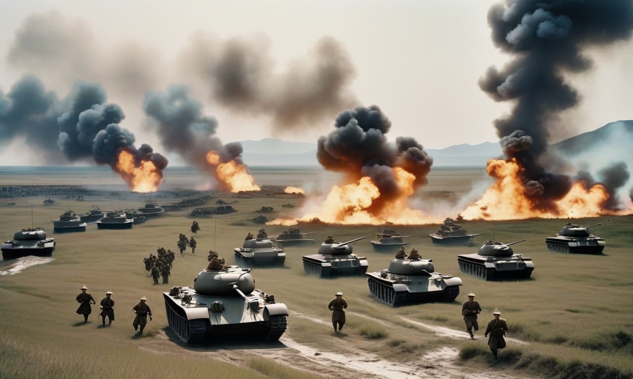  cinematic film still Epic battle August 1939 in the Mongolian steppes. Japanese kamikaze of the Kwantung Army run in large numbers, dressed in summer Japanese military uniforms with white headbands tied to explosives, and attack Soviet BT 5 tanks at the Halkhin Gol river. Explosions, fire, The two armies collided in a head on collision and hand to hand combat. . shallow depth of field, vignette, highly detailed, high budget, bokeh, cinemascope, moody, epic, gorgeous, film grain, grainy hyperrealistic, full body, detailed clothing, highly detailed, cinematic lighting, stunningly beautiful, intricate, sharp focus, f/1. 8, 85mm, (centered image composition), (professionally color graded), ((bright soft diffused light)), volumetric fog, trending on instagram, trending on tumblr, HDR 4K, 8K