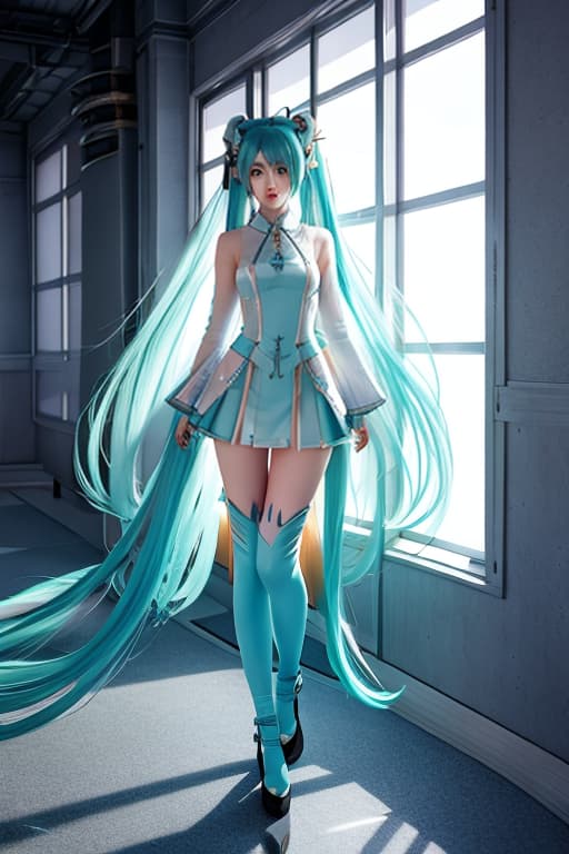  Hatsune Miku hyperrealistic, full body, detailed clothing, highly detailed, cinematic lighting, stunningly beautiful, intricate, sharp focus, f/1. 8, 85mm, (centered image composition), (professionally color graded), ((bright soft diffused light)), volumetric fog, trending on instagram, trending on tumblr, HDR 4K, 8K