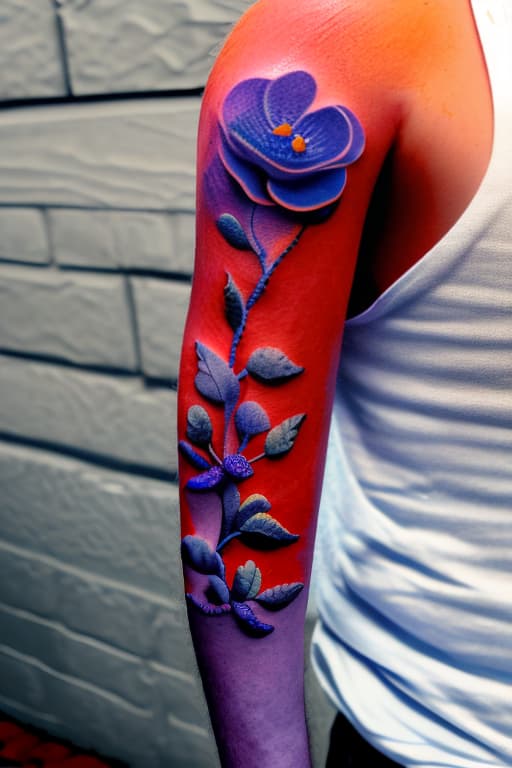 wa-vy style Arm tattoo of Various bright tiny red orange purple and blue flowers growing along a vine