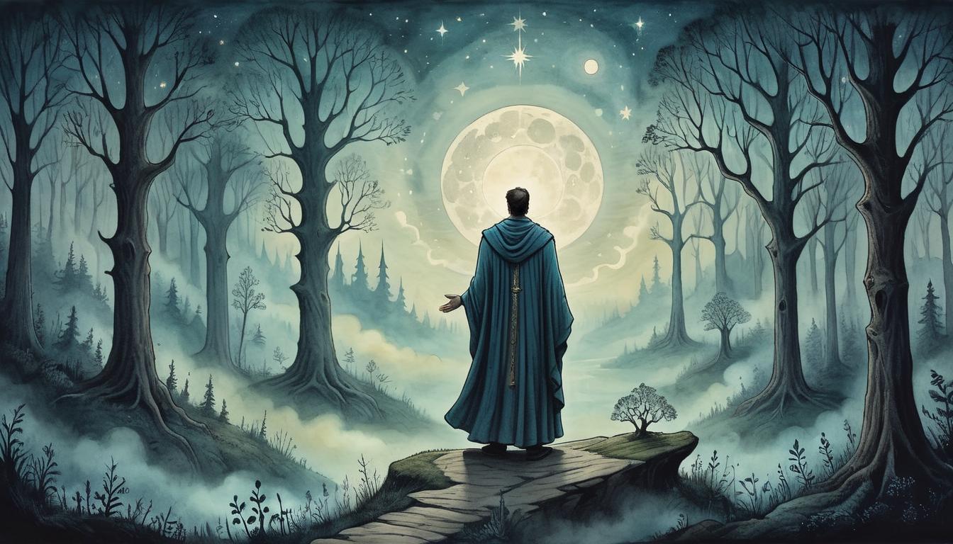  on parchment, surrealism+++, A robed figure standing on the edge of an enchanted forest at night, hands raised towards the starlit sky, celestial alignment, a sense of reverence and connection, mystical aura(mysterious, provocative, symbolic,muted color)+++