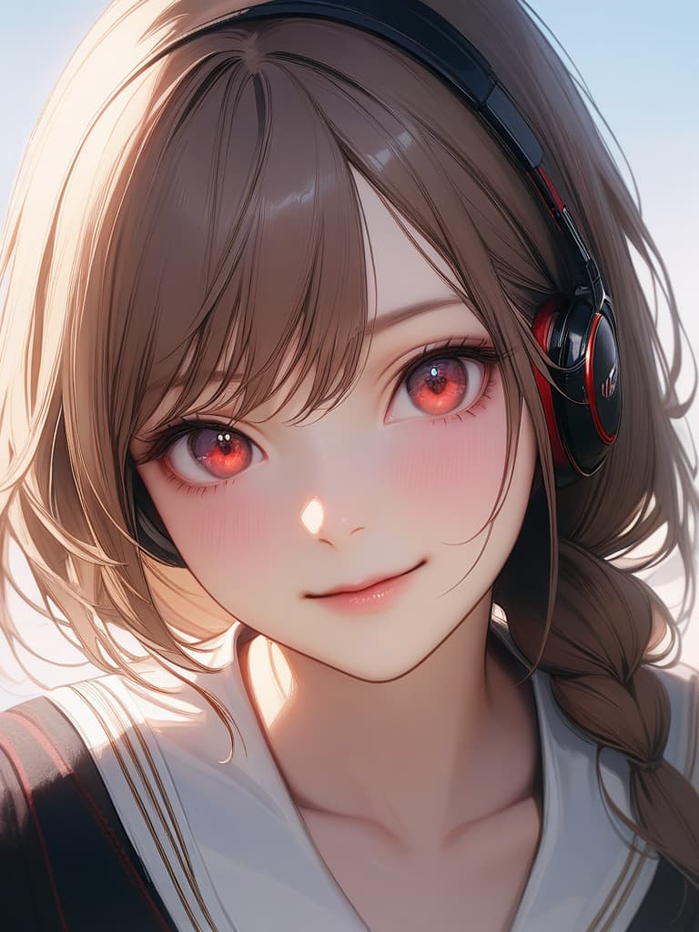  1girl,18yo,gold hair,side tail hair,red eyes,headphone,summer school uniform,light smile,realistic, masterpiece, best quality,8k,ultra detailed,high resolution,an extremely delicate and beautiful,hyper detail