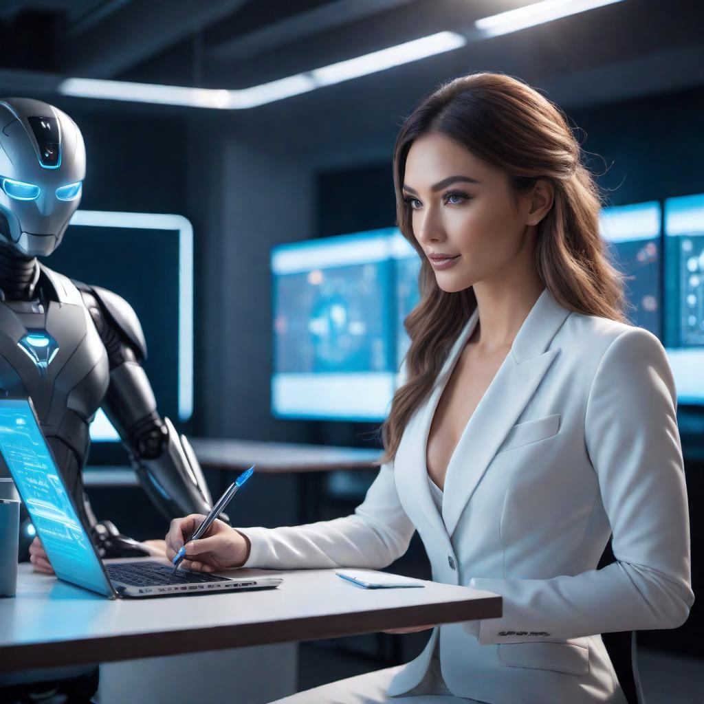  A friendly AI assistant requesting a user to describe their desired image in the next message. The assistant is depicted as a cheerful, glowing figure holding a notepad and pen, looking attentively at the user. The user is sitting in front of a futuristic screen, typing their request. The setting is a bright, modern room filled with futuristic gadgets and holographic displays. The atmosphere is warm and welcoming. hyperrealistic, full body, detailed clothing, highly detailed, cinematic lighting, stunningly beautiful, intricate, sharp focus, f/1. 8, 85mm, (centered image composition), (professionally color graded), ((bright soft diffused light)), volumetric fog, trending on instagram, trending on tumblr, HDR 4K, 8K