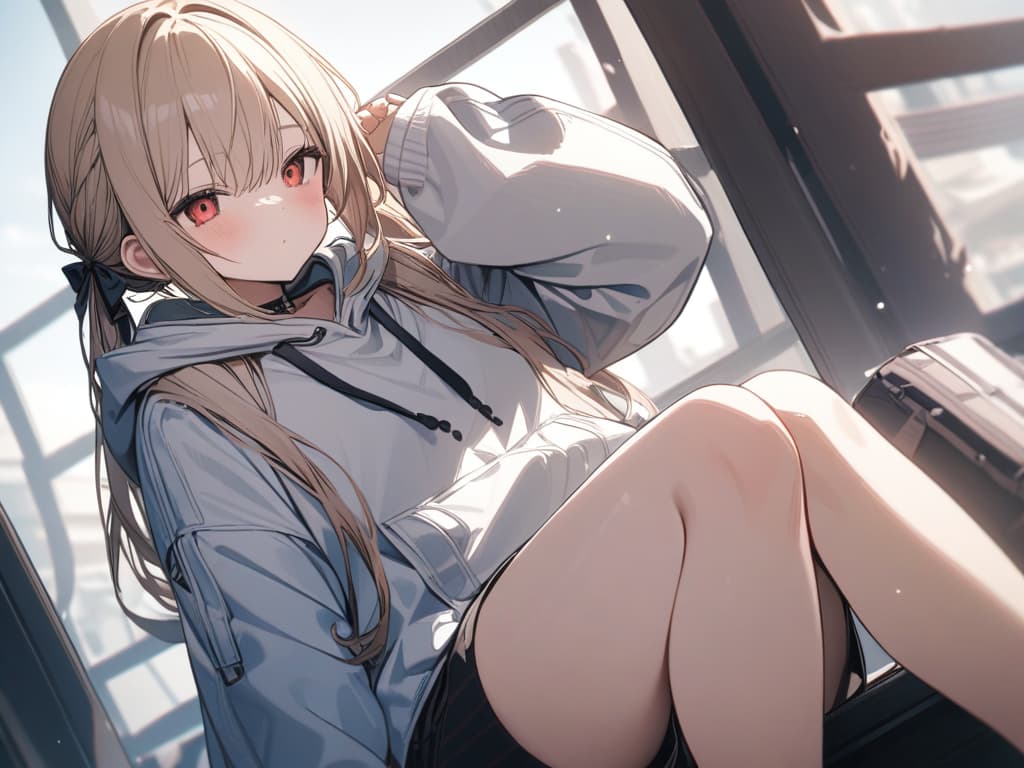  Hair colored beige, red eyes, large hoodie, shorts, twin tails, black ribbon on hair, girl, masterpiece, best quality,8k,ultra detailed,high resolution,an extremely delicate and beautiful,hyper detail