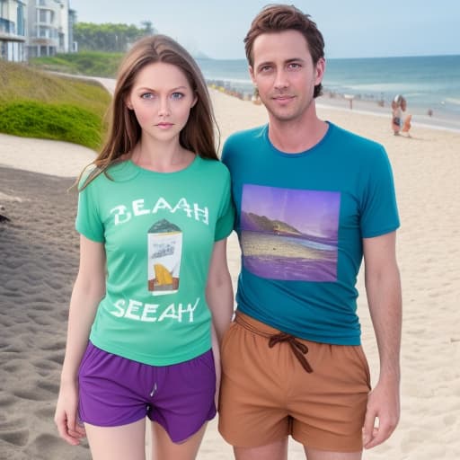  Guy the beach with t shirt and shorts on with brown hair and eyes next to lady with brown hair and green eyes in a bright purple dress