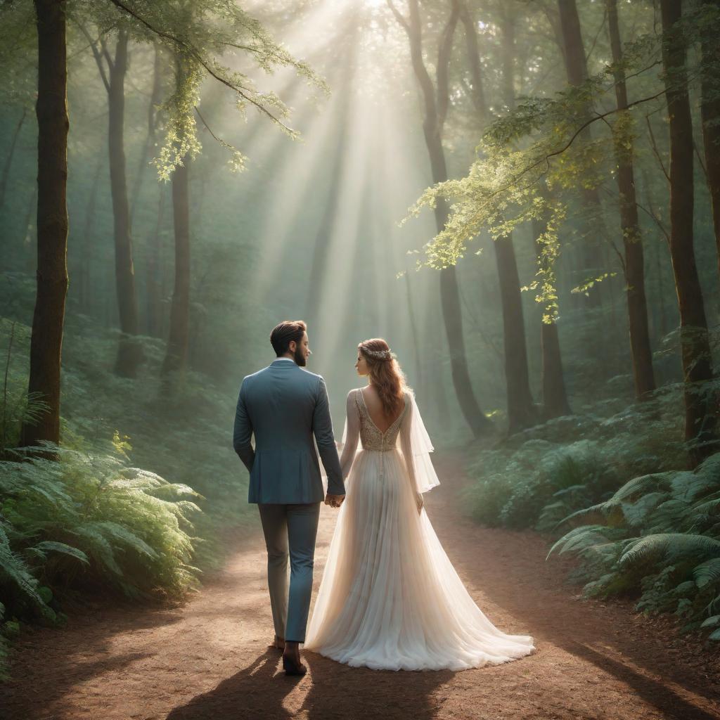  A couple labeled 'Aries' and 'Capricorn,' walking hand-in-hand through a serene, wooded area. The scene captures a relaxed, intimate moment between them. The image should have a dreamy, fantasy lo-fi aesthetic, with soft muted colors, grainy textures, warm lighting, whimsical elements like glowing fairy lights, ethereal mist, and sparkles. The overall vibe should be calm, nostalgic, and magical. hyperrealistic, full body, detailed clothing, highly detailed, cinematic lighting, stunningly beautiful, intricate, sharp focus, f/1. 8, 85mm, (centered image composition), (professionally color graded), ((bright soft diffused light)), volumetric fog, trending on instagram, trending on tumblr, HDR 4K, 8K