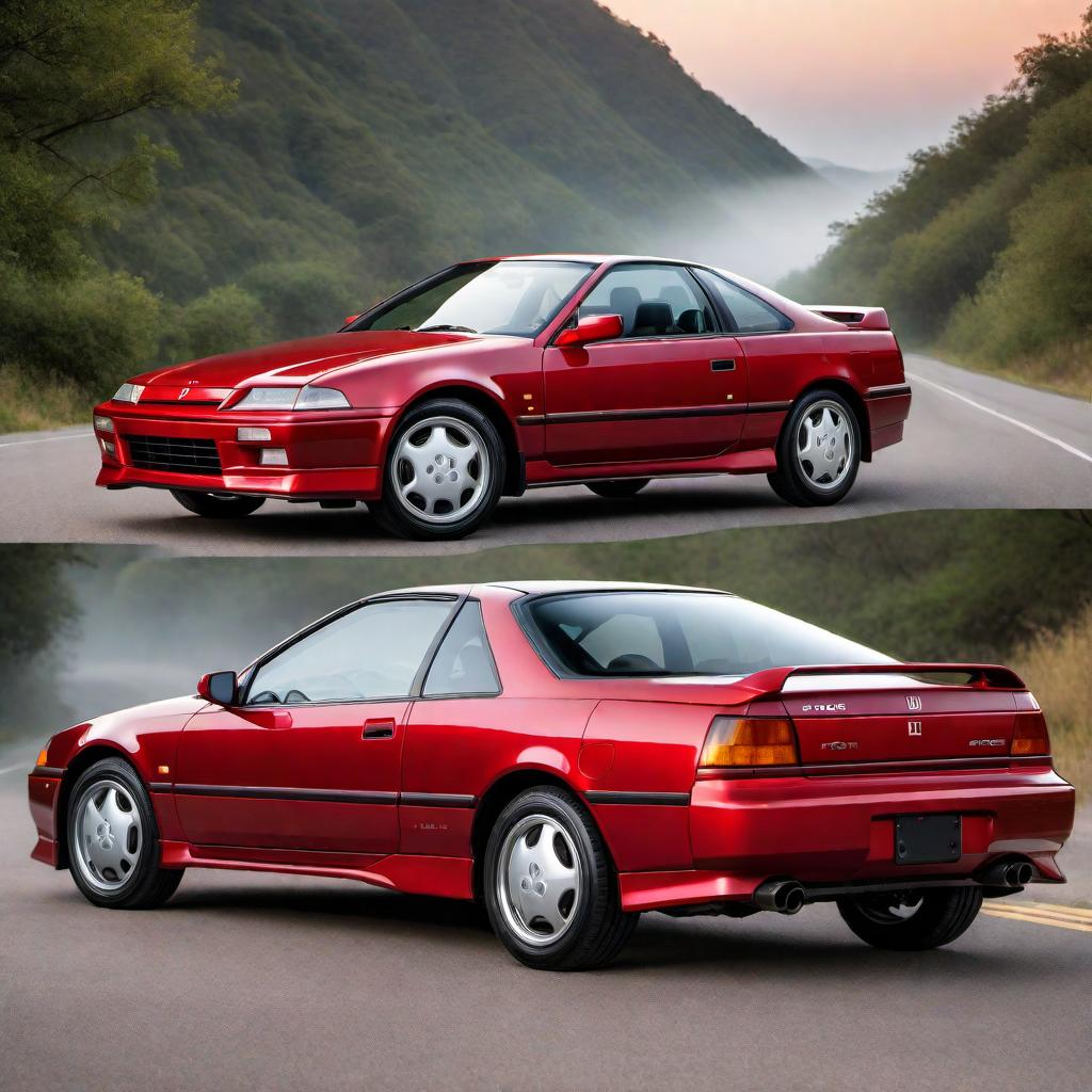  1991 Honda Prelude Si in red color, parked on a road. The car should highlight its sporty design elements, including its sleek front grille, distinctive alloy wheels, pop-up headlights, and classic early 90s coupe body lines. The background should be simple to keep the focus on the car. hyperrealistic, full body, detailed clothing, highly detailed, cinematic lighting, stunningly beautiful, intricate, sharp focus, f/1. 8, 85mm, (centered image composition), (professionally color graded), ((bright soft diffused light)), volumetric fog, trending on instagram, trending on tumblr, HDR 4K, 8K