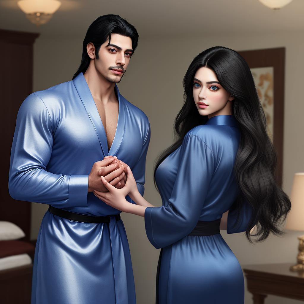  masterpiece, best quality, (masterpiece), best quality, expressive eyes, perfect face, UHD, 32k, Front view, Digital art of an attractive, and stylish couple,the man has jet black hair, sed back hairstyle, his fully unoned shirt highlighting his mascular build and sculpted physique, He is holding her gently, the blue eyed dressed in lacey satin robe, romantic digital art captured in Paul Cadmus and Artgerm style