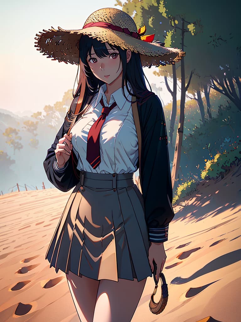  (score 9), score 8 up, highres, 1girl, anime, school uniform, straw hat, desert hyperrealistic, full body, detailed clothing, highly detailed, cinematic lighting, stunningly beautiful, intricate, sharp focus, f/1. 8, 85mm, (centered image composition), (professionally color graded), ((bright soft diffused light)), volumetric fog, trending on instagram, trending on tumblr, HDR 4K, 8K