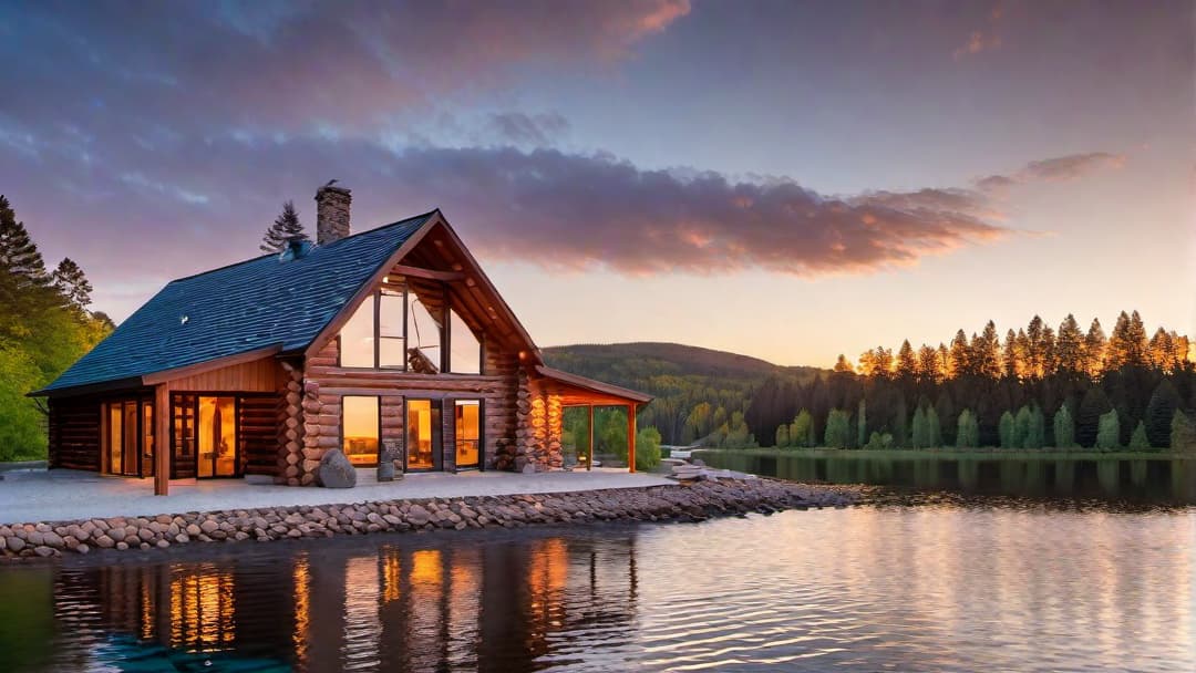  Scenic log cabin illuminated by sunset, full home exterior visible, make the image sharp and crisp, bright sunny