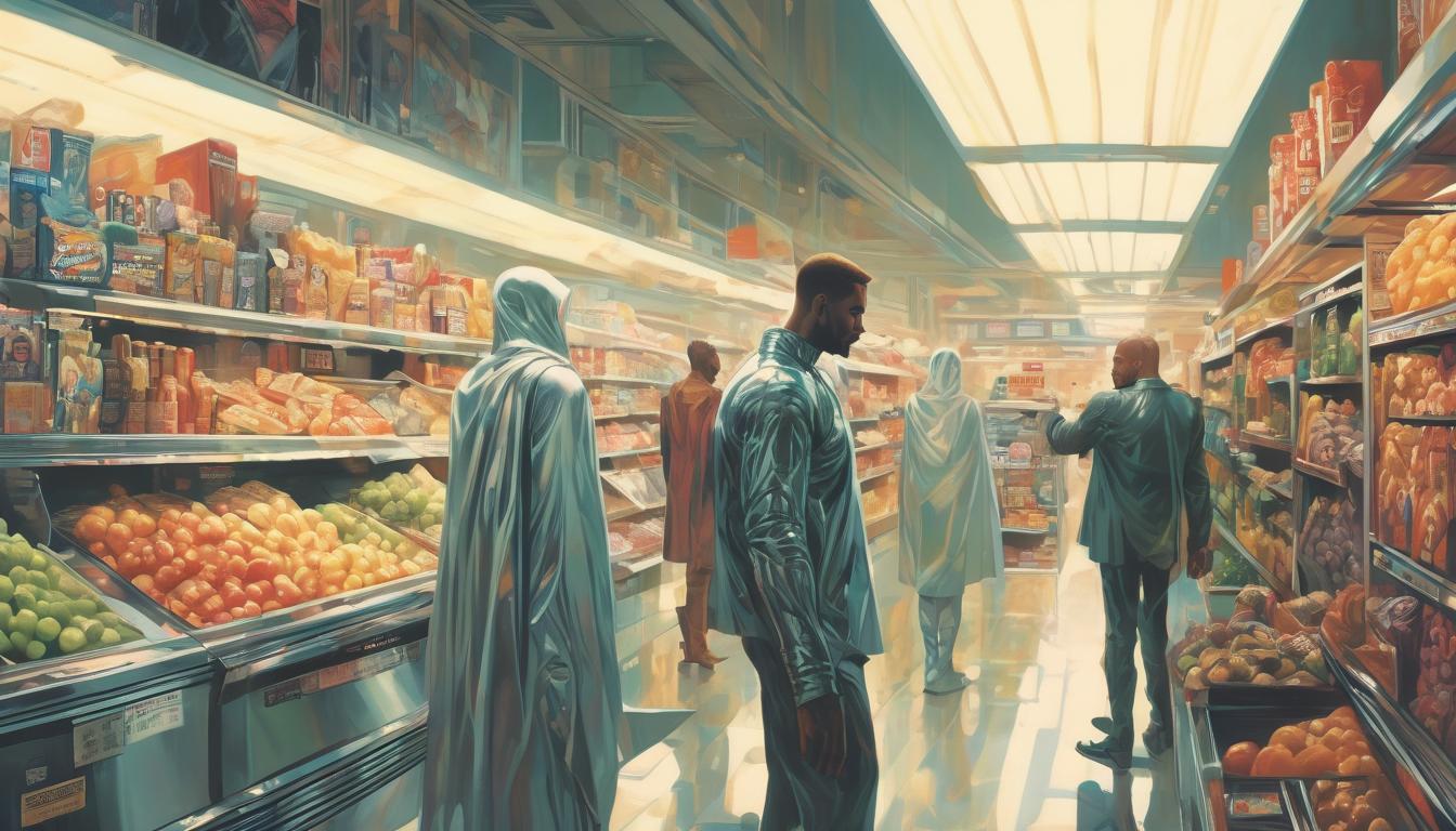  hyperrealism,fantasy aesthetican ordinary scene, grocery store or street, detailed faces of people turning from confusion to clarity, ethereal light highlighting decisions, divine wisdom in everyday places, high tech clothing clad in sleek, futuristic costume with metallic accents and form fitting designs, marvel superhero comics style, unreal engine rendering