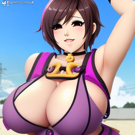  crea una waifu tetona con tetas al aire y con mini short corto