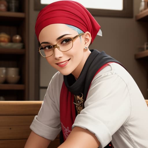  Shaved head female wearing small glasses indoor smiling pirate bandana wearing summer boyish pop