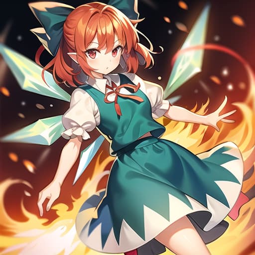  master piece , best quality,1girl, cirno (touhou), short hair, red hair, fire wings, fairyice wings, red eyes, bangs, white shirt, collared shirt, puffy short sleeves, red dress, pinafore dress, blue ribbon, neck ribbon, red bow, green bow, hair bow, bow,