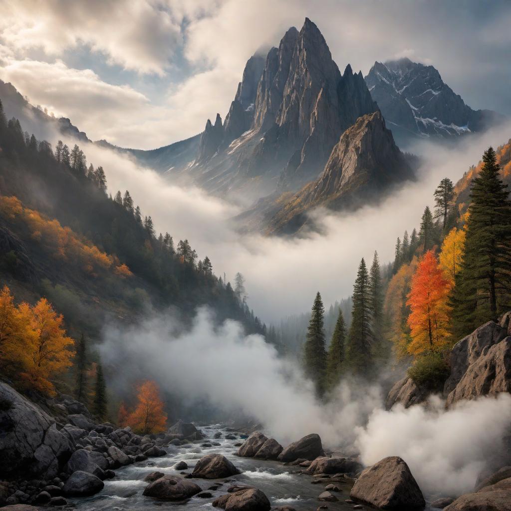  A dramatic scene of a mountain with smoke rising from it. The mountain is rugged and imposing, with steep rocky cliffs. Dense smoke billows upward, partially obscuring the peak. The sky in the background is cloudy, adding to the ominous atmosphere. Some of the surrounding landscape includes trees and rocky terrain. hyperrealistic, full body, detailed clothing, highly detailed, cinematic lighting, stunningly beautiful, intricate, sharp focus, f/1. 8, 85mm, (centered image composition), (professionally color graded), ((bright soft diffused light)), volumetric fog, trending on instagram, trending on tumblr, HDR 4K, 8K