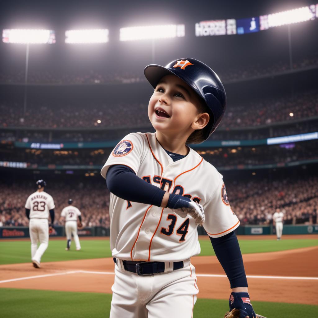  A 4-year-old boy in a Houston Astros uniform, viewed from the back, swinging a bat in the batter's box during a World Series game. The boy has the name 'Sebastian' on the back of his jersey and the number 7. The stadium is filled with cheering fans, and the field is pristine. The boy's bat is in mid-swing, connecting with the baseball. The atmosphere is electric, with bright stadium lights and a clear evening sky. hyperrealistic, full body, detailed clothing, highly detailed, cinematic lighting, stunningly beautiful, intricate, sharp focus, f/1. 8, 85mm, (centered image composition), (professionally color graded), ((bright soft diffused light)), volumetric fog, trending on instagram, trending on tumblr, HDR 4K, 8K