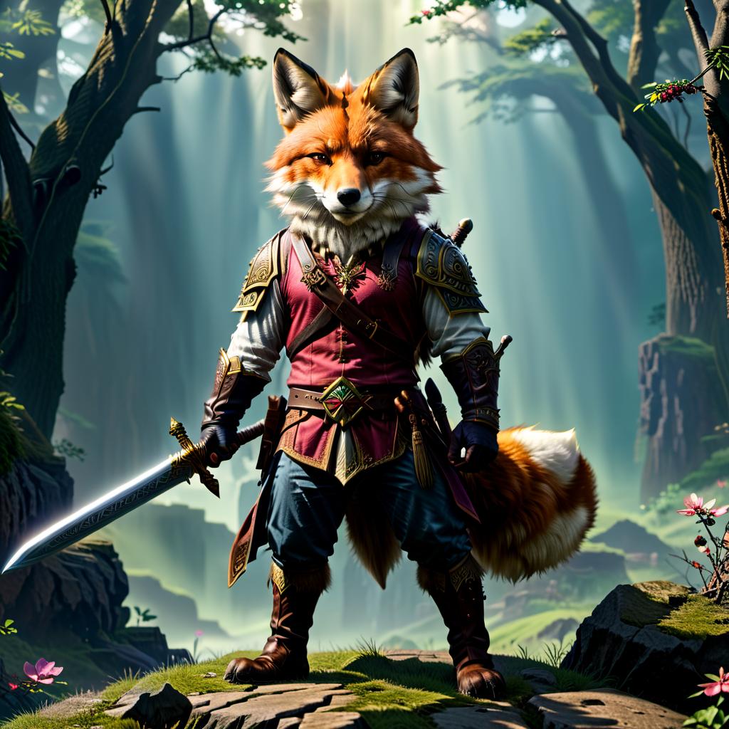  Legend of Zelda style A fox warrior, holding a two handed sword in his hands, stands straight and turns towards the camera, full height, camera from below. . vibrant, fantasy, detailed, epic, heroic, reminiscent of The Legend of Zelda series, Civitai hyperrealistic, full body, detailed clothing, highly detailed, cinematic lighting, stunningly beautiful, intricate, sharp focus, f/1. 8, 85mm, (centered image composition), (professionally color graded), ((bright soft diffused light)), volumetric fog, trending on instagram, trending on tumblr, HDR 4K, 8K