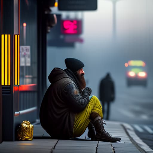 estilovintedois photo about homeless Cinematic Quality hyperrealistic, full body, detailed clothing, highly detailed, cinematic lighting, stunningly beautiful, intricate, sharp focus, f/1. 8, 85mm, (centered image composition), (professionally color graded), ((bright soft diffused light)), volumetric fog, trending on instagram, trending on tumblr, HDR 4K, 8K