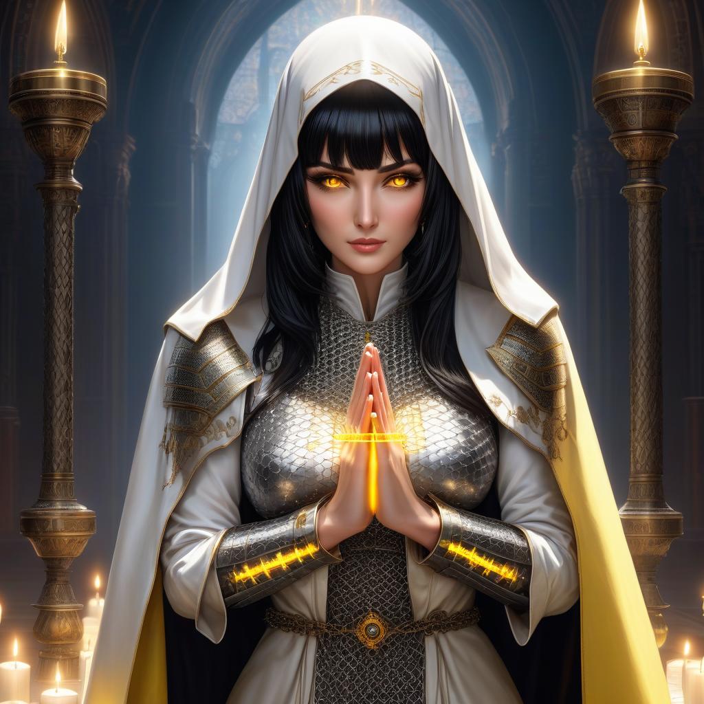  Mature female, big brests, nun, (full body), black hair, bob cut, bright yellow eyes, glowing eyes, hourglass figure, (scale armor), chainmail, white clothing, nun habit, white cloak, looks at viewer, looks down, evil grin, , ((prayer)), hands folded in a prayer gesture, (extremely hyper detailed face), (masterpiece:1.4), (perfect eyes:1.1), (perfect hands), 2d, anime, extremely detailed clothes. hyperrealistic, full body, detailed clothing, highly detailed, cinematic lighting, stunningly beautiful, intricate, sharp focus, f/1. 8, 85mm, (centered image composition), (professionally color graded), ((bright soft diffused light)), volumetric fog, trending on instagram, trending on tumblr, HDR 4K, 8K