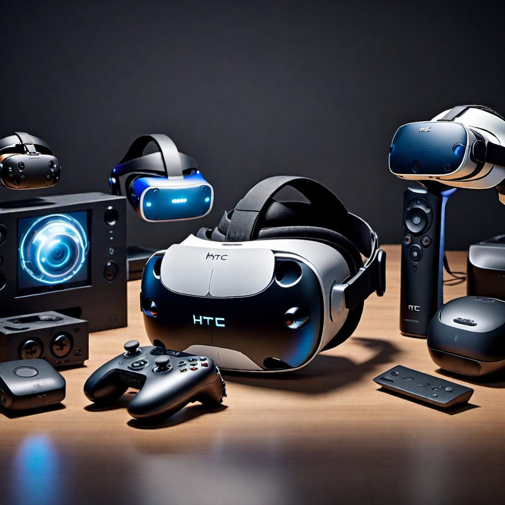  Design a futuristic NFT illustration featuring the evolution of gaming consoles surrounding the Oculus and HTC Vive. Include iconic consoles like Magnavox Odyssey, Atari, Nintendo, Sega Genesis, PlayStation (PS1, PS2, PS3, PS4, PS5), Xbox (original, Xbox 360, Xbox Series X), and Xbox Series S. The image should showcase a seamless integration of the past gaming consoles leading towards a futuristic virtual reality experience with the Oculus and HTC Vive at the center. hyperrealistic, full body, detailed clothing, highly detailed, cinematic lighting, stunningly beautiful, intricate, sharp focus, f/1. 8, 85mm, (centered image composition), (professionally color graded), ((bright soft diffused light)), volumetric fog, trending on instagram, trending on tumblr, HDR 4K, 8K