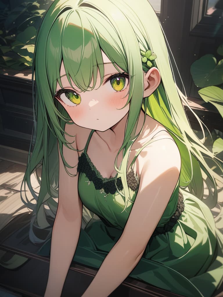  Cute, girl, long hair, thin body, kiwill fruit, kiwi decoration, yellow green eyes, yellow green hair, half twin tail, camisole, big eyes, masterpiece, best quality,8k,ultra detailed,high resolution,an extremely delicate and beautiful,hyper detail